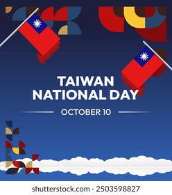 Taiwan National Day banner in modern geometric style. Square greeting card cover with country flag. Double Ten Day October 10th as Taiwan national holiday. Happy National Day of the Republic of China