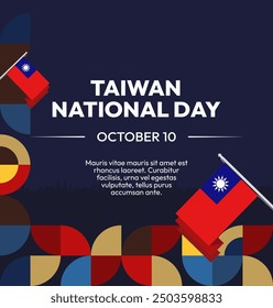 Anuncio del Día Nacional de Taiwán en estilo geométrico moderno. Cubierta cuadrada de la tarjeta de felicitación con la bandera del país. Doble diez días el 10 de octubre como feriado nacional de Taiwán. Feliz Día Nacional de la República de China