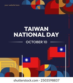 Taiwan National Day banner in modern geometric style. Square greeting card cover with country flag. Double Ten Day October 10th as Taiwan national holiday. Happy National Day of the Republic of China