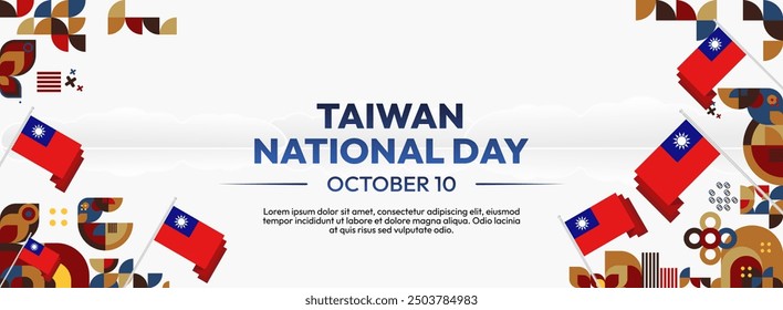 Taiwan National Day banner in modern geometric style. Wide banner greeting card with country flag. Double Tenth Day October 10th as Taiwan national holiday. Happy National Day of the Republic of China