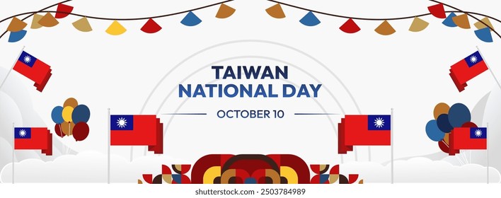 Taiwan National Day banner in modern geometric style. Wide banner greeting card with country flag. Double Tenth Day October 10th as Taiwan national holiday. Happy National Day of the Republic of China