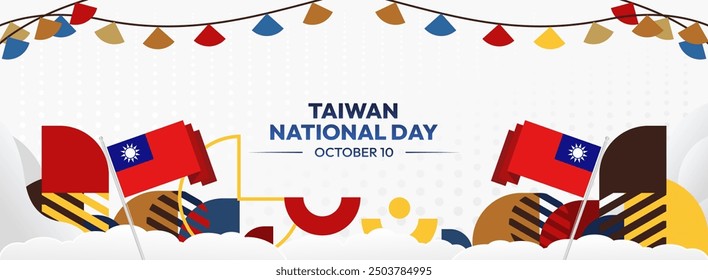 Taiwan National Day banner in modern geometric style. Wide banner greeting card with country flag. Double Tenth Day October 10th as Taiwan national holiday. Happy National Day of the Republic of China