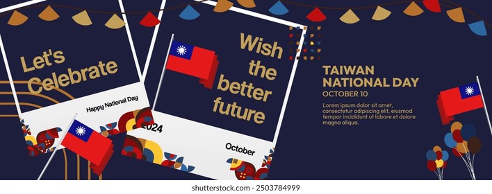 Taiwan National Day banner in modern geometric style. Wide banner greeting card with country flag. Double Tenth Day October 10th as Taiwan national holiday. Happy National Day of the Republic of China