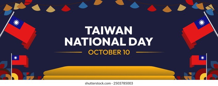 Taiwan National Day banner in modern geometric style. Wide banner greeting card with country flag. Double Tenth Day October 10th as Taiwan national holiday. Happy National Day of the Republic of China