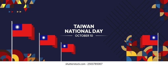 Taiwan National Day banner in modern geometric style. Wide banner greeting card with country flag. Double Tenth Day October 10th as Taiwan national holiday. Happy National Day of the Republic of China