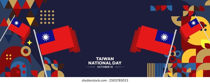 Taiwan National Day banner in modern geometric style. Wide banner greeting card with country flag. Double Tenth Day October 10th as Taiwan national holiday. Happy National Day of the Republic of China