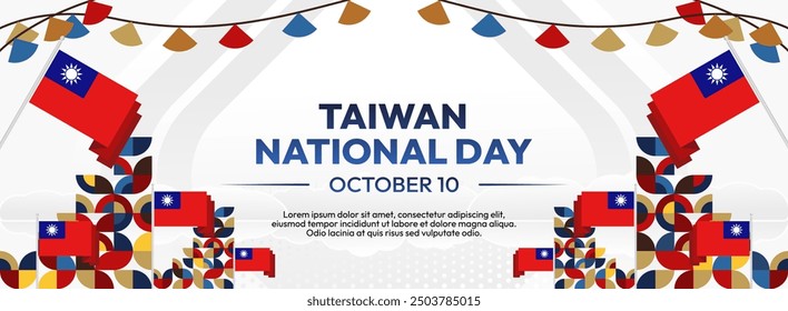 Taiwan National Day banner in modern geometric style. Wide banner greeting card with country flag. Double Tenth Day October 10th as Taiwan national holiday. Happy National Day of the Republic of China