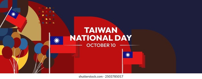 Taiwan National Day banner in modern geometric style. Wide banner greeting card with country flag. Double Tenth Day October 10th as Taiwan national holiday. Happy National Day of the Republic of China