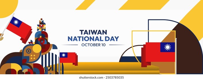 Taiwan National Day banner in modern geometric style. Wide banner greeting card with country flag. Double Tenth Day October 10th as Taiwan national holiday. Happy National Day of the Republic of China