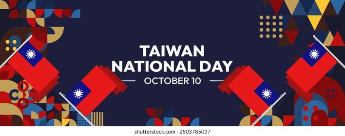 Taiwan National Day banner in modern geometric style. Wide banner greeting card with country flag. Double Tenth Day October 10th as Taiwan national holiday. Happy National Day of the Republic of China