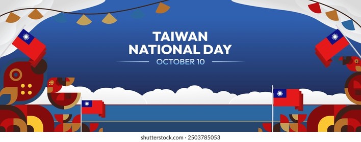 Taiwan National Day banner in modern geometric style. Wide banner greeting card with country flag. Double Tenth Day October 10th as Taiwan national holiday. Happy National Day of the Republic of China