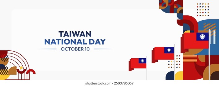 Taiwan National Day banner in modern geometric style. Wide banner greeting card with country flag. Double Tenth Day October 10th as Taiwan national holiday. Happy National Day of the Republic of China