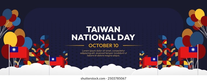 Taiwan National Day banner in modern geometric style. Wide banner greeting card with country flag. Double Tenth Day October 10th as Taiwan national holiday. Happy National Day of the Republic of China