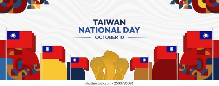 Taiwan National Day banner in modern geometric style. Wide banner greeting card with country flag. Double Tenth Day October 10th as Taiwan national holiday. Happy National Day of the Republic of China