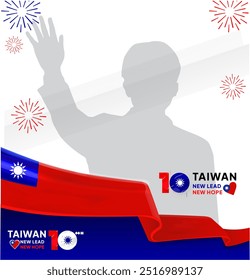 Taiwan National Day banner in modern style. Blue banner greeting card with country flag ribbon. Double Tenth Day October 10th as Taiwan national holiday. Happy National Day of the Republic of China