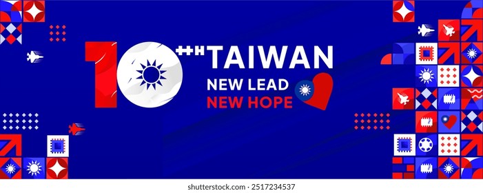 Banner do Dia Nacional de Taiwan em estilo geométrico moderno. Cartão de mensagem com bandeira do país. 10 de outubro como feriado nacional de Taiwan. Feliz Dia Nacional da República da China