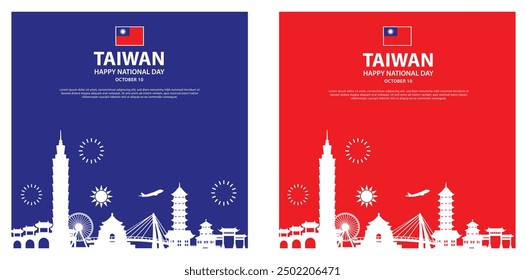 Taiwan National Day Banner Set - Red and Blue Themed Designs Featuring Iconic Landmarks and Celebrating Taiwan's National Day on October 10