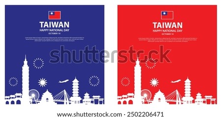 Taiwan National Day Banner Set - Red and Blue Themed Designs Featuring Iconic Landmarks and Celebrating Taiwan's National Day on October 10