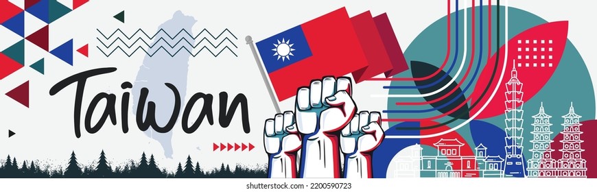 Taiwan national day banner with Taiwanese flag colors theme background and geometric abstract retro modern red blue design. Raised fists, people protest or supporters. Taipei Vector Illustration.