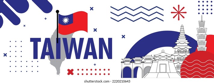 Taiwan national day banner with Taiwanese flag colors theme background and geometric abstract retro modern red blue design, people protest or supporters. Taipei Vector Illustration.