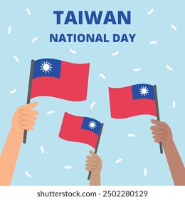 Taiwan National Day banner. Template with diverse hands holding flags of Taiwan. Square shape is suitable for social networks. Vector illustration.