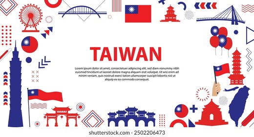 Taiwan National Day Celebration Banner - Iconic Landmarks, Patriotic Symbols, and Cultural Elements Highlighting Taiwan's Heritage