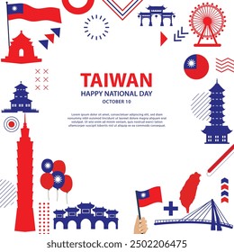 Taiwan National Day Celebration Square Banner - Festive Design Featuring Iconic Landmarks, Flags, and Patriotic Symbols for October 10