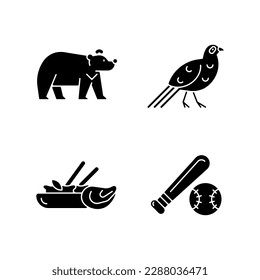 Taiwan national endemic black glyph icons set on white space. Formosan black bear. Mikado pheasant gamebird. Traditional thai cuisine. Baseball league. Silhouette symbols. Vector isolated illustration