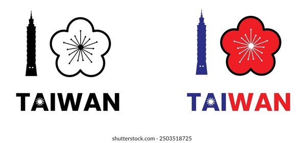 Taiwan National Symbols - Taipei 101 Tower and Plum Blossom Design in Patriotic Colors Representing Taiwan's Cultural Heritage