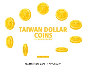 Taiwan New Dollar sign gold coin isolated on white background, set of flat icon of coin with symbol at different angles.