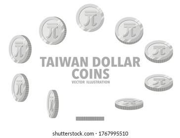 Taiwan New sign silver coins isolated on white background. Set of flat icon design of spin coins with symbol at different angles.