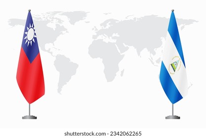 Taiwan and Nicaragua flags for official meeting against background of world map.