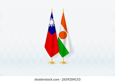 Bandeiras de Taiwan e do Níger lado a lado, símbolo da parceria internacional. A ilustração simboliza diplomacia, parceria e cooperação internacional entre as duas nações.