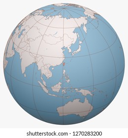 Taiwan on the globe. Earth hemisphere centered at the location of the Republic of China (ROC). Taiwan map.