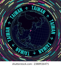 Taiwan on globe. Satelite view of the world centered to Taiwan. Bright neon style. Futuristic radial bricks background. Artistic vector illustration.