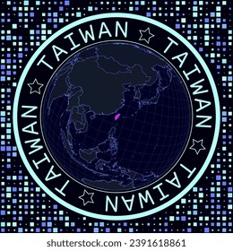 Taiwan on globe vector. Futuristic satelite view of the world centered to Taiwan. Geographical illustration with shape of country and squares background. Bright neon colors on dark background.