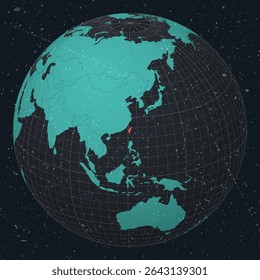 Taiwan on Globe. Vintage look with grunge scratched texture. Country view on world map in Dark Charcoal Turquoise color palette. Taiwan shape on map. Globe with meridians and parallels.