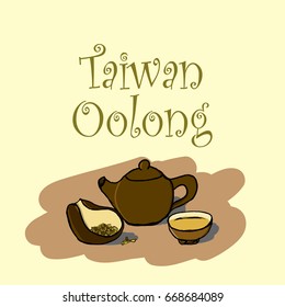 Taiwan Oolong - a vector illustration in the hand-drawn style. A simple picture showing a clay teapot, a cup with a brewed drink and a bowl with a dry tea leaves.