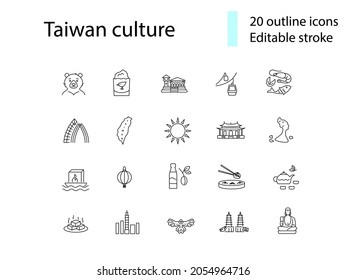 Taiwan outline icons set. Oriental specialty. Customizable linear contour symbols collection. Editable stroke. Isolated vector stock illustration