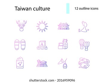 Taiwan outline icons set. Taiwanes attractions. Seafood and chicken kutlet. Water lantern. Purple gradient symbol. Isolated vector stock illustration
