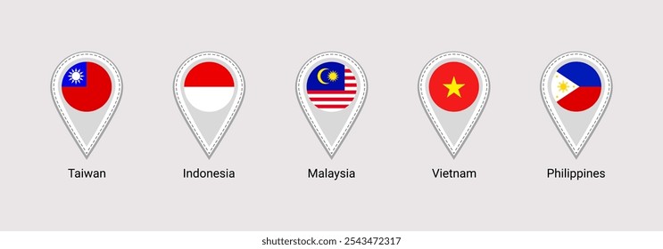 Taiwan, Philippines, Malaysia, Indonesia, Vietnam flags maps pointers stickers vector illustration. Asian states simple national icons with location sign. Eastern countries markers badges.