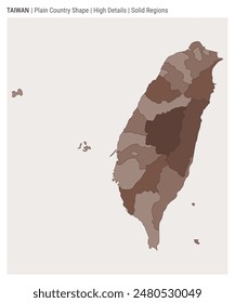 Mapa del país de la llanura de Taiwán. Detalles altos. Estilo Regiones sólidas. Forma de Taiwán. Ilustración vectorial.