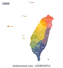 Taiwan political map of administrative divisions - provinces and special municipalities. Colorful spectrum political map with labels and country name.