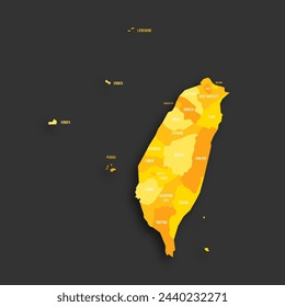 Taiwan political map of administrative divisions - provinces and special municipalities. Yellow shade flat vector map with name labels and dropped shadow isolated on dark grey background.