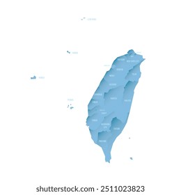 Mapa político de Taiwan das divisões administrativas - províncias e municípios especiais. Mapa de vetor sombreado com gradiente azul semelhante a 3D e rótulos de nome