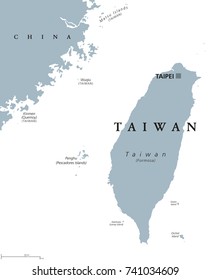 Taiwan political map with capital Taipei. English labeling. Officially the Republic of China, ROC, a state in East Asia on the island of Taiwan, formerly known as Formosa. Gray illustration. Vector.