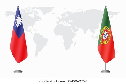 Taiwan and Portugal flags for official meeting against background of world map.