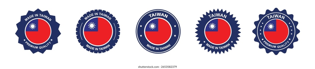 Conjunto de etiquetas de producto de Taiwán. Bandera de Taiwán, premium hecha en Taiwán. Etiquetas, sellos, sellos, banderas, i