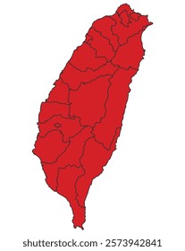 Taiwan red map with border of regions outline vector