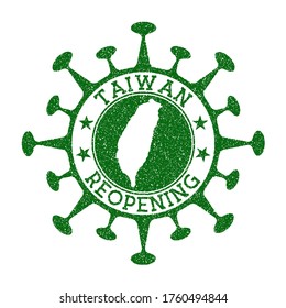 Taiwan Reopening Stamp. Green round badge of country with map of Taiwan. Country opening after lockdown. Vector illustration.